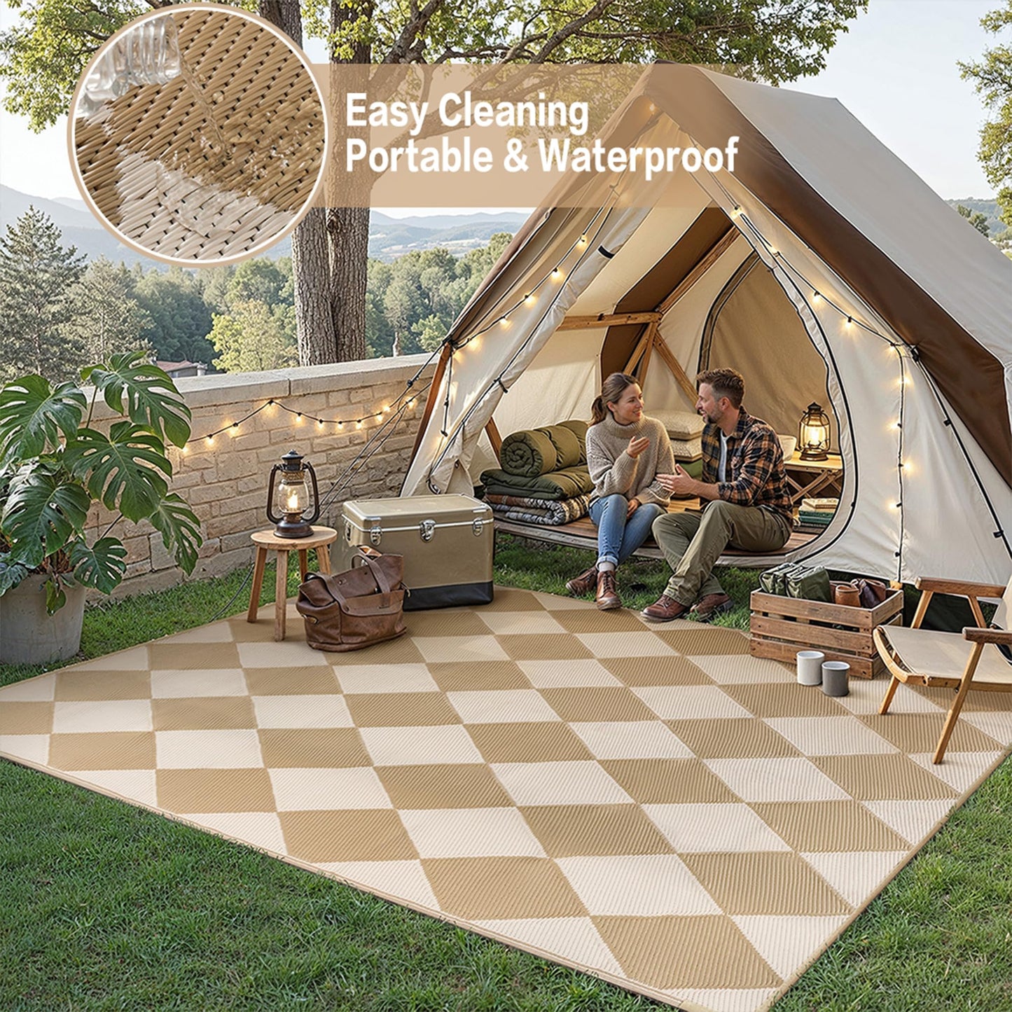 WondRg Outdoor Plastic Checkered Rug Waterproof Patio 6x9 Beige Brown Diamond Geometry Mat for Porch Camping RV Balcony Deck Courtyard Reversible Lightweight Durable Portable