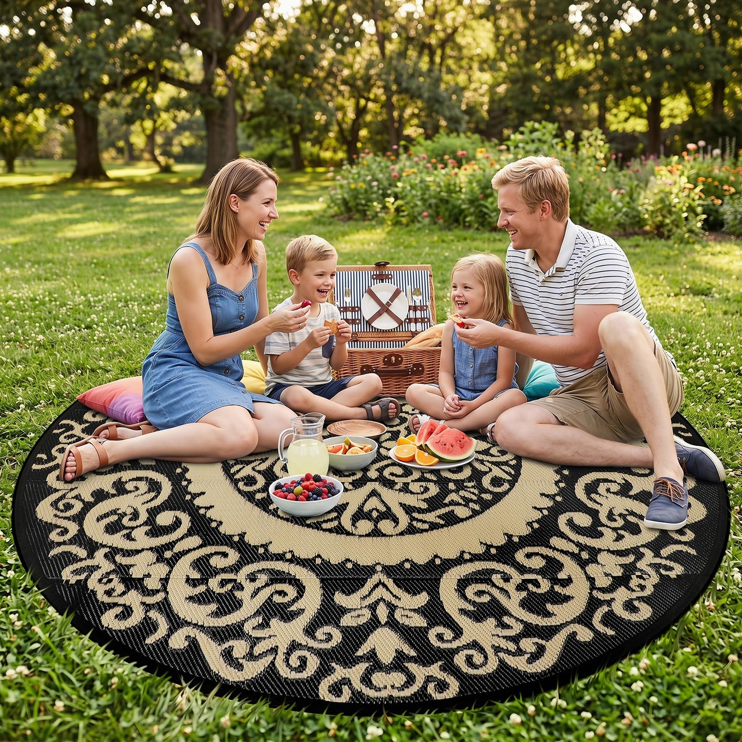Homcomoda Round Outdoor Rugs for Patio 6ft Waterproof Clearance Reversible Patio Rugs Lightweight Outdoor Rugs Plastic Straw Rugs Portable RV Camping Rug Mat for Outdoor Porch Beach BBQ Beach Backyard