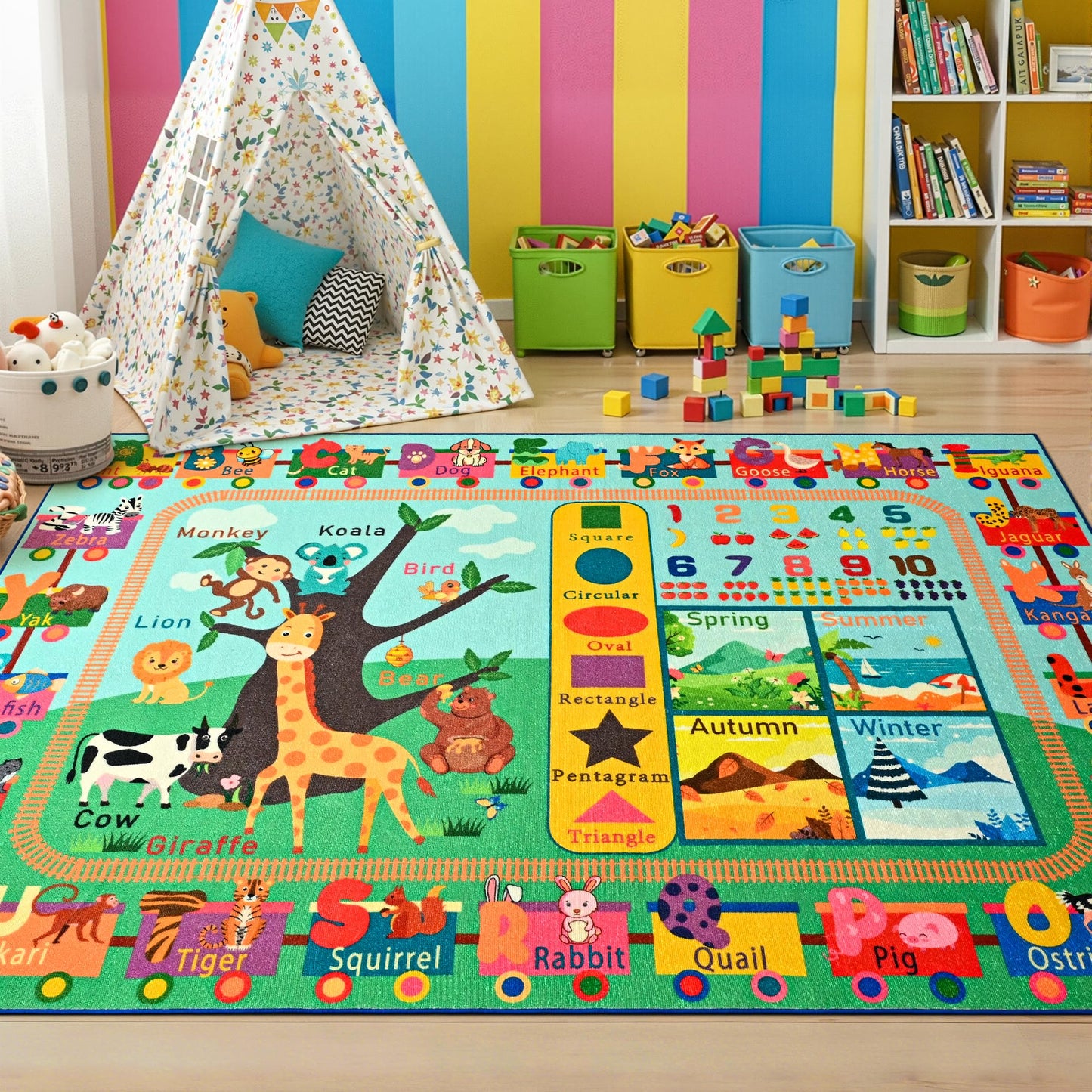 Maxsoft Kids Rug for Playroom, Educational 4x6 Play Mat for Classroom, Washable Playmat for Learning ABC Alphabet Animal Season Shapes Numbers Daycare Rug for Kids Room Nursery Children Toddler