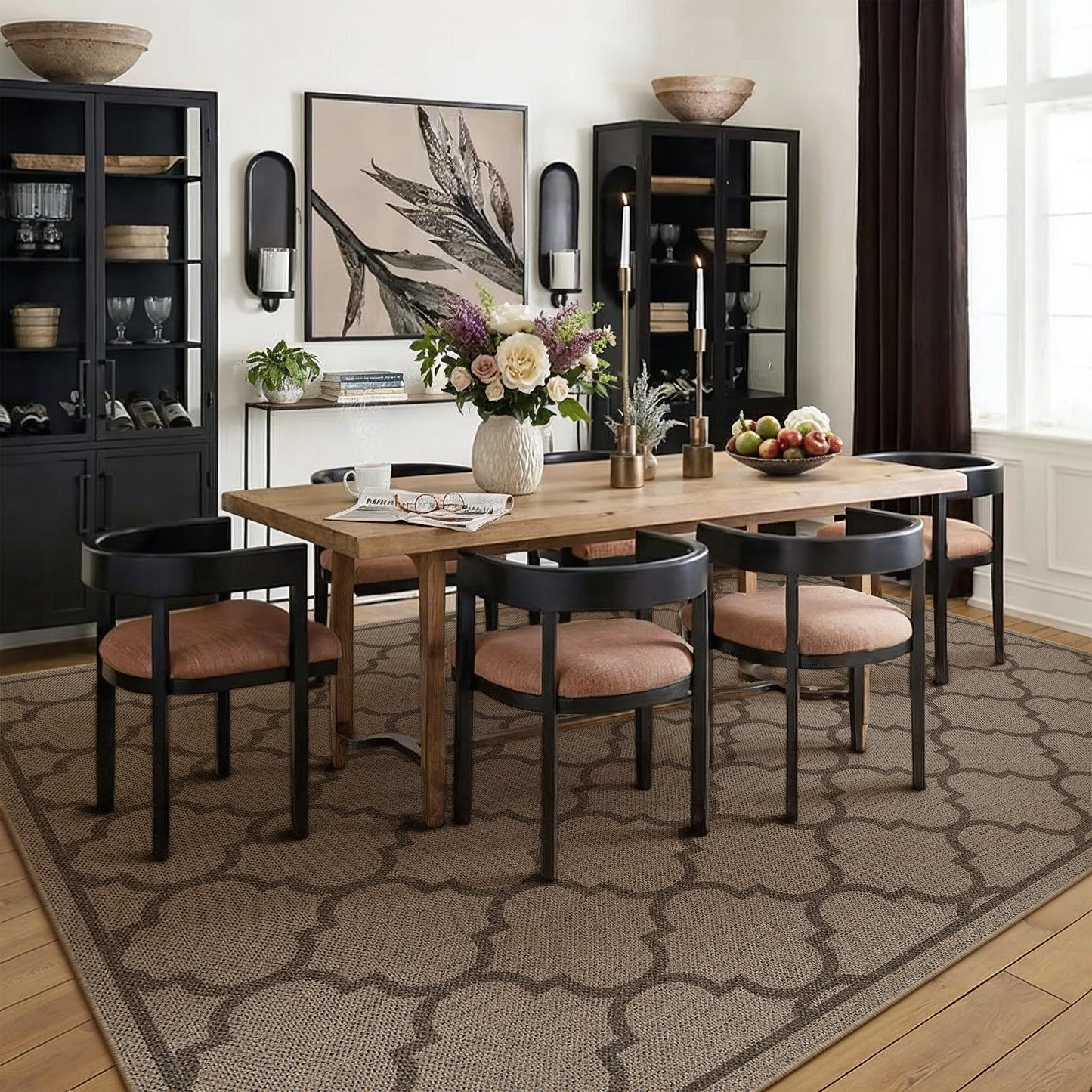 PureCozy 5x7 Geometric Figure Easy Jute Area Rug for Living Room Scalloped Washable Indoor Outdoor Carpet Farmhouse Patio Office Mat Geometric Non Slip Black Carpet for Backyard Dining Room