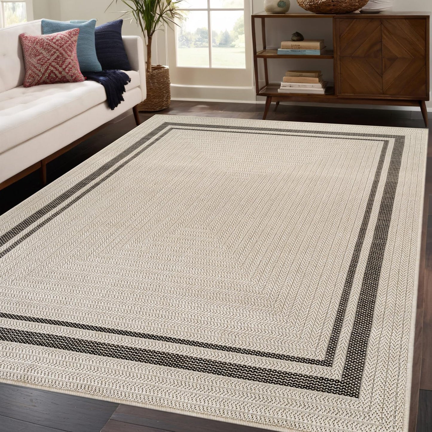 Beverly Rug Easy Jute Bordered Rug 9x12 Washable Large Indoor Outdoor Area Rugs for Living Dining Room Patio Office Stain Resistant Non Shedding Casual Indoor Outside Carpet 9 x 12 Off-White