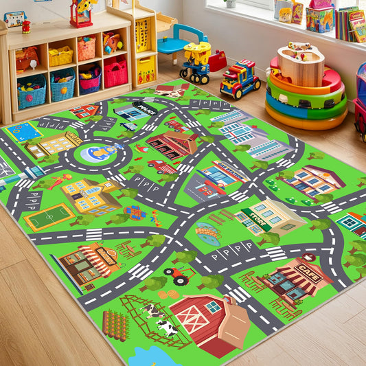 OHDS Kids Rugs for Playroom - Soft & Non-Slip 8x10 Feet Town City Map Road Rug Cars Play Mat, Childrens Road Catpet Washable Rug for Classroom Nursery Bedroom Boys