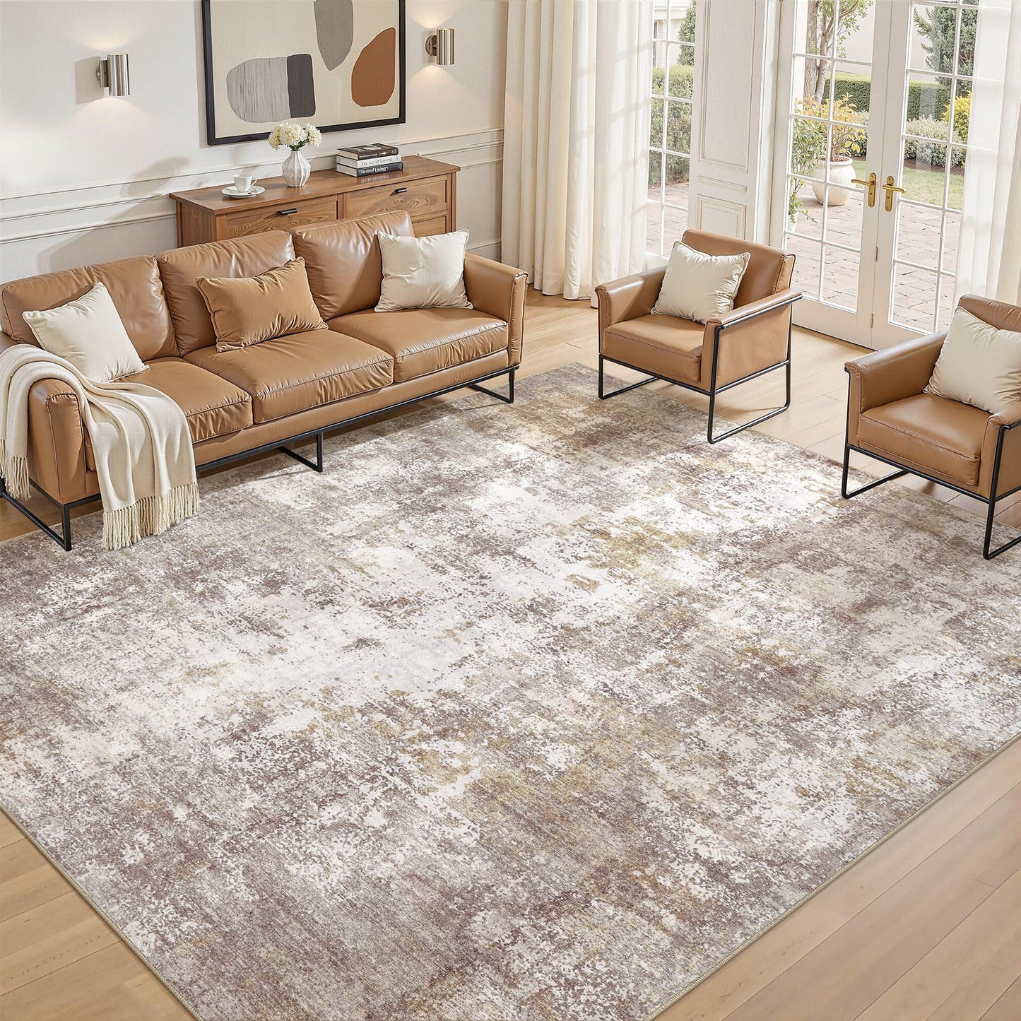 ELLIUNE 10x13 Washable Area Rugs for Living Room, Non Slip Soft Large Rugs for Bedroom Dining Room, Modern Abstract Low Pile Stain Resistant Carpet for Laundry Office Home Decor - Gold Brown