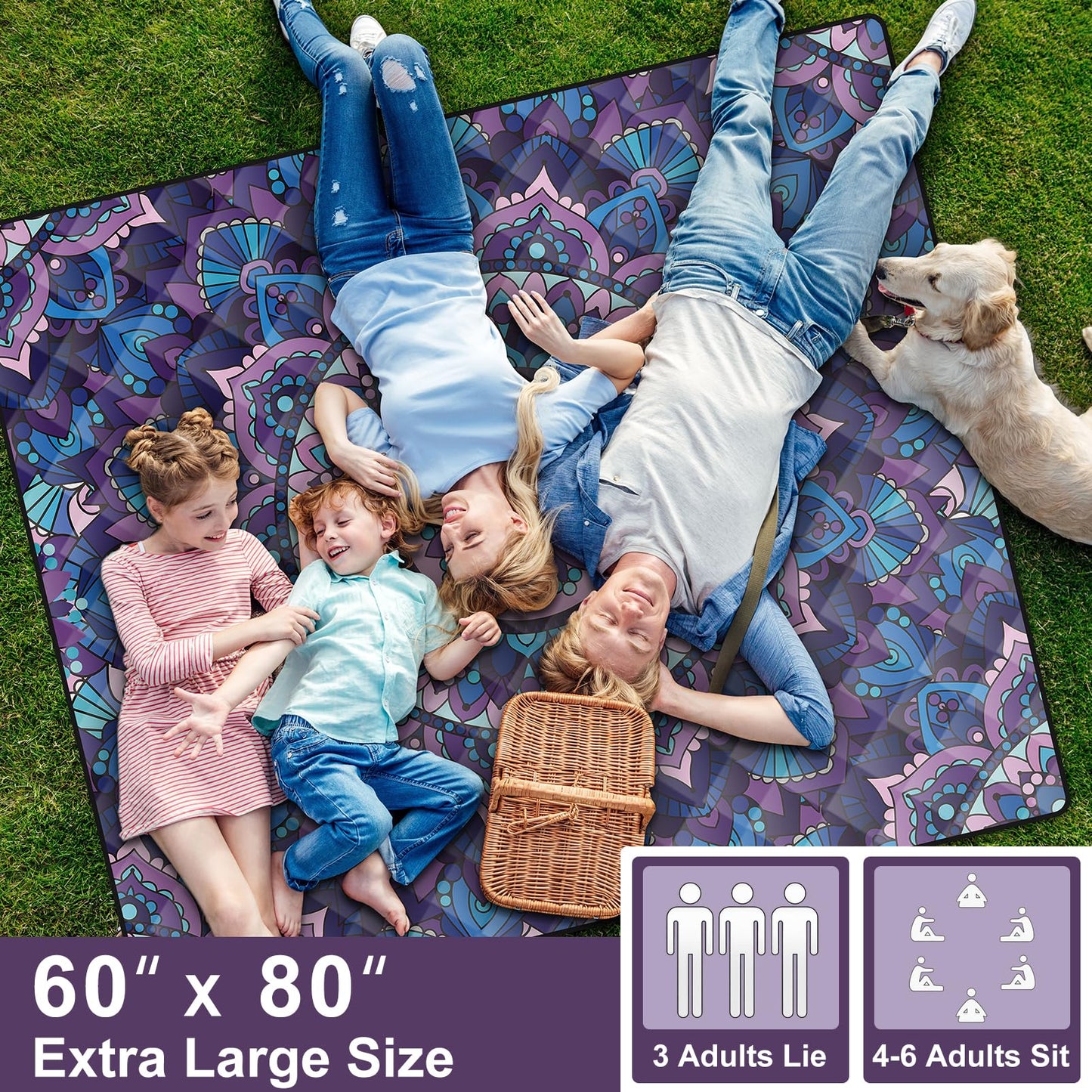 memKiya 60x80" Extra Large Picnic Blankets Waterproof Sandproof Couple Outdoor Beach Blanket Foldable Grass Park Lawn Concert Mat Summer Camping Essentials Rv Travel Vacation Accessories Festival Gift