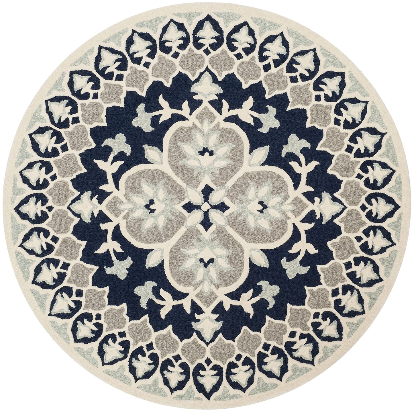 SAFAVIEH Bellagio Collection Area Rug - 5' Round, Navy Blue & Ivory, Handmade Medallion Wool, Ideal for High Traffic Areas in Living Room, Bedroom (BLG610C)