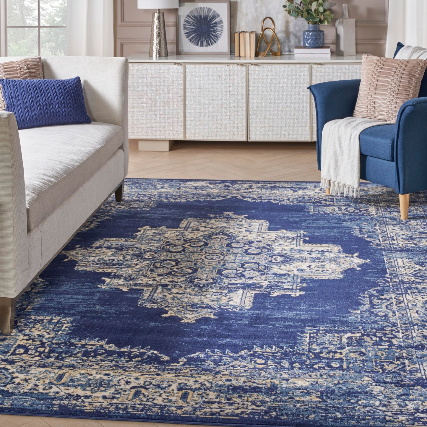 Nourison Home Grafix Navy Blue 7' x 10' Area Rug - Easy Clean, Non Shedding, Bed Room, Living Room, Dining Room, Kitchen (7' x 10')