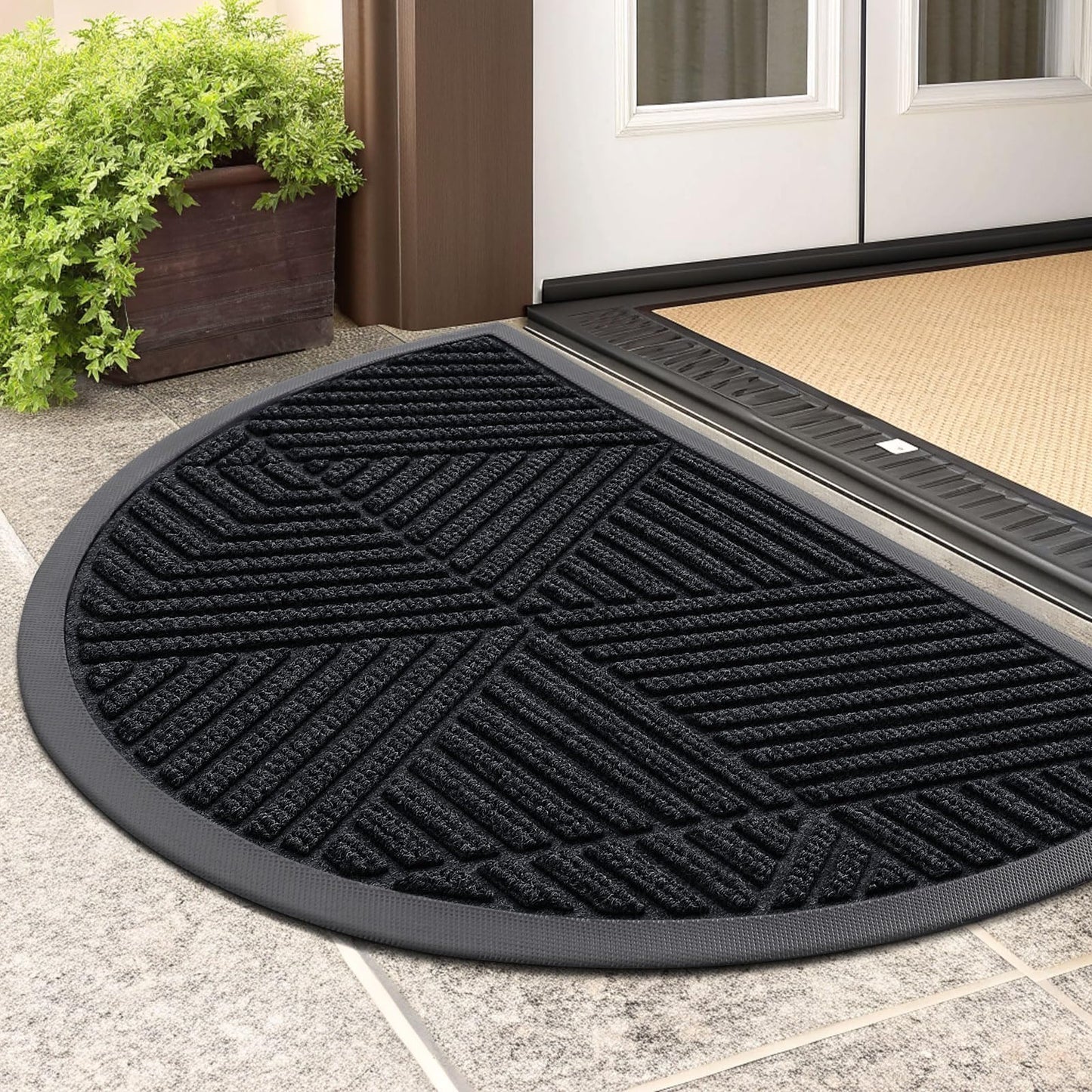 Smiry Half Circle Front Door Mat Outside Entrance, Heavy Duty Sturdy Natural Rubber Doormat, Trap Dirt and Moisture, Low Profile Mats for Indoor Outdoor Entry, Irregular Triangle (29.5x17, Black)