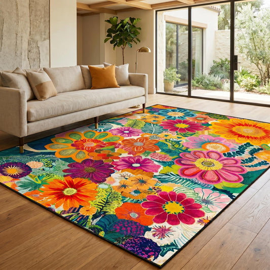 keepcute Colorful Floral Area Rug 5x7 ft Non-Slip Rug Abstract Design Flowers Floor Carpet Decor for Living Room Bedroom Living Room Study Carpet