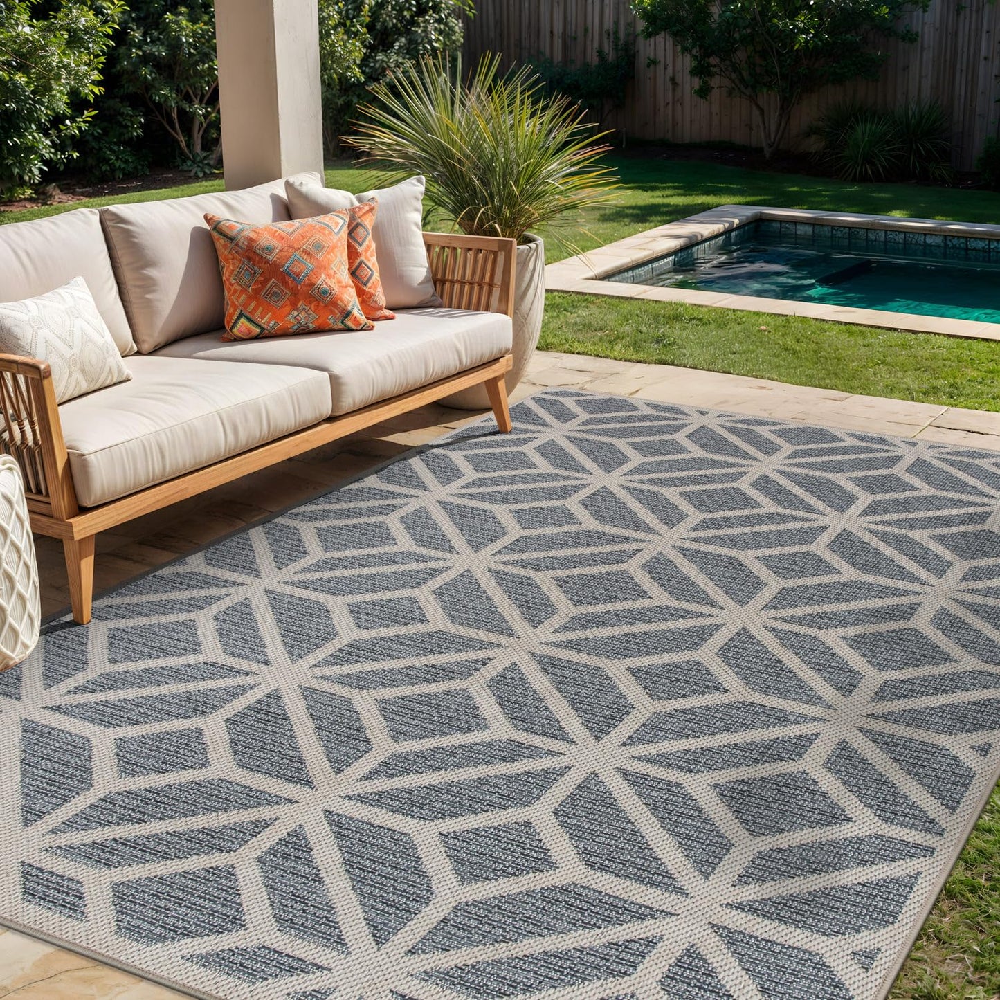 Rugshop Blue Contemporary Geometric Indoor/Outdoor Area Rug — Hose Washable for Living Room, Dining Room and Office, 6'6" x 9'