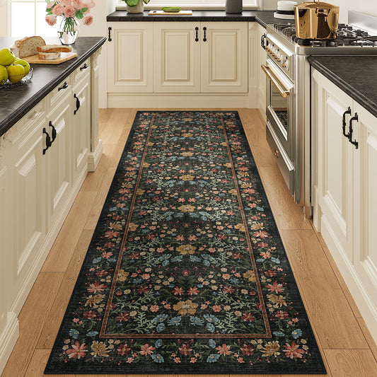 DUKINO 2.6x8 Runner Rug for Hallway, Washable Vintage Floral Kitchen Rug with Non Slip Backing, Soft Low Pile Throw Carpet Runner for Kitchen, Laundry, Hallway, Bathroom, Black