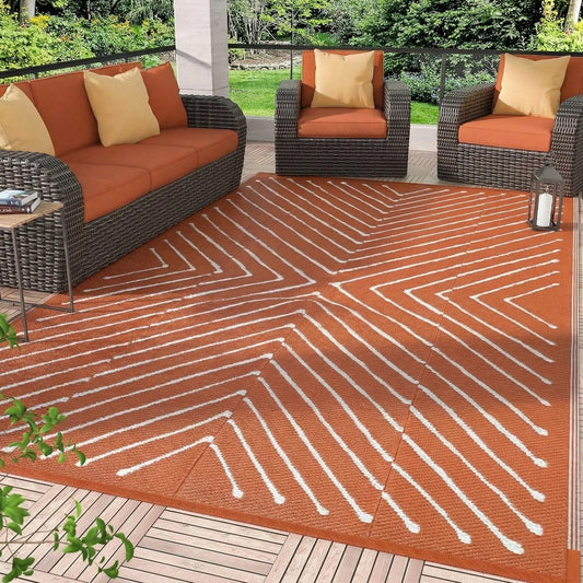 Garvee 5x8 Striped Outdoor Waterproof Rug - Reversible Modern Striped Plastic Straw Patio Mat, Portable RV Camping Rug for Picnic, Beach, Balcony, Deck - UV Protected & Easy to Clean, Orange&White.