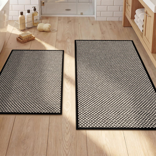 YIHOUSE Thin Bath Mat Black Bathroom Rugs Sets 2 Pieces, Non Slip Absorbent Mats Quick Dry, Woven Rugs Washable, Tapetes para Baño for Bathroom Toliet,Bathtub(17"x24"+17"x32")
