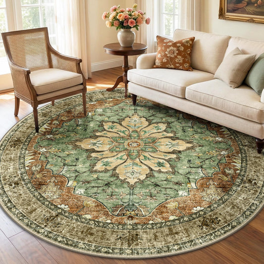 RELEANY Area Rugs Round 6ft Washable Non-Slip, Floral Vintage Distress Medallion Carpet for Living Room Bedroom Dining Room, Terracotta Burnt Orange Green