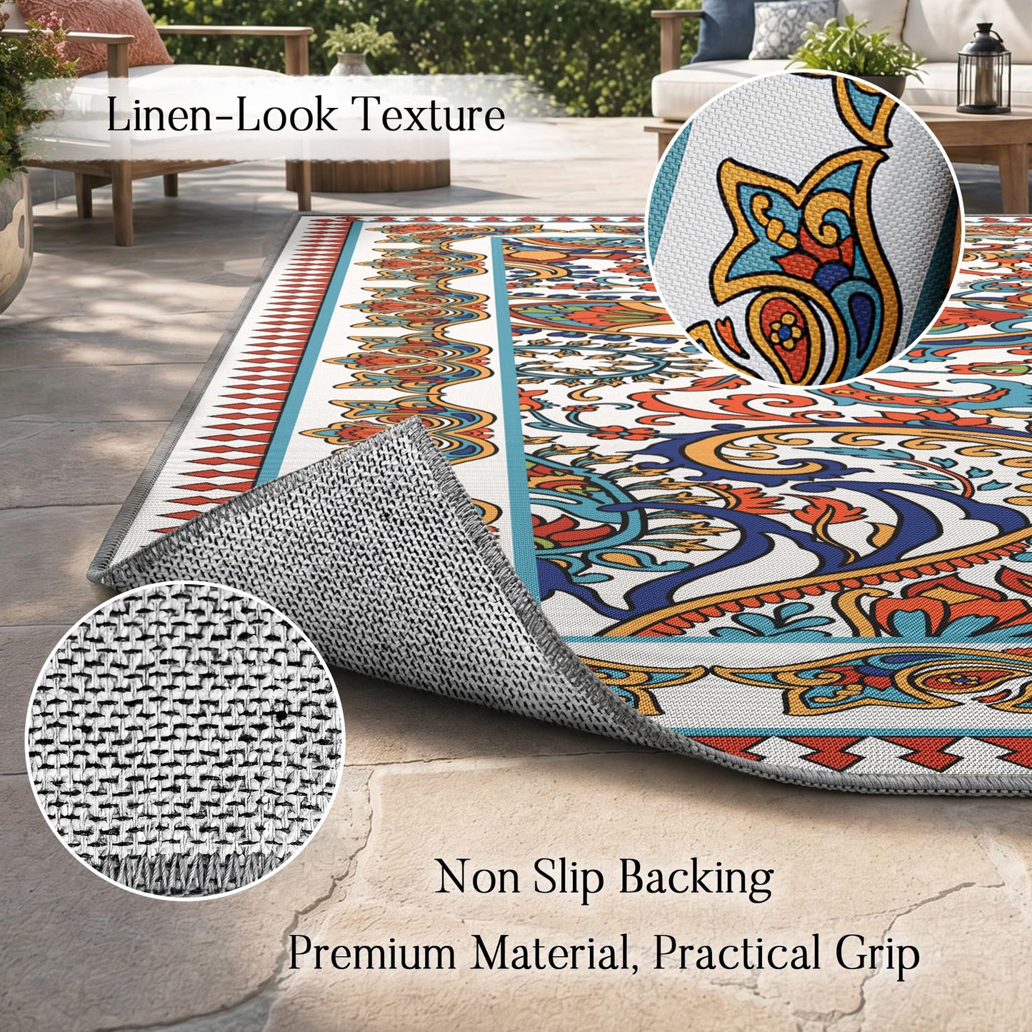 Arenarug Paisley Outdoor Rug Waterproof 5x8, UV Resistant Non Slip Patio Rug, Indoor Outdoor Boho Camping Rug Linen-Look RV Carpet for Deck Balcony Backyard, White Multi