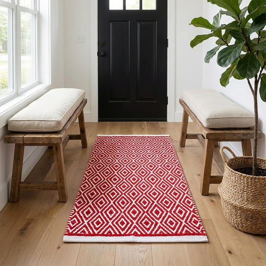 Chenille Cotton Diamond Runner Rug 2x5 Feet - Red, Reversible Washable Soft Floor Runners Ideal for Kitchen, Hallway, Bedroom, Bathroom | Farmhouse Boho Indoor Use Rugs for Patio Décor