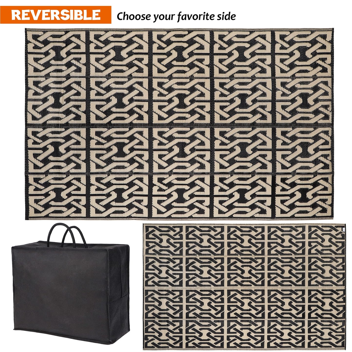 SAND MINE Reversible Mats, Plastic Straw Rug, Modern Area Rug, Large Floor Mat and Rug for Outdoors, RV, Patio, Backyard, Deck, Picnic, Beach, Camping, Trailer, Black & Beige, 5' x 8'