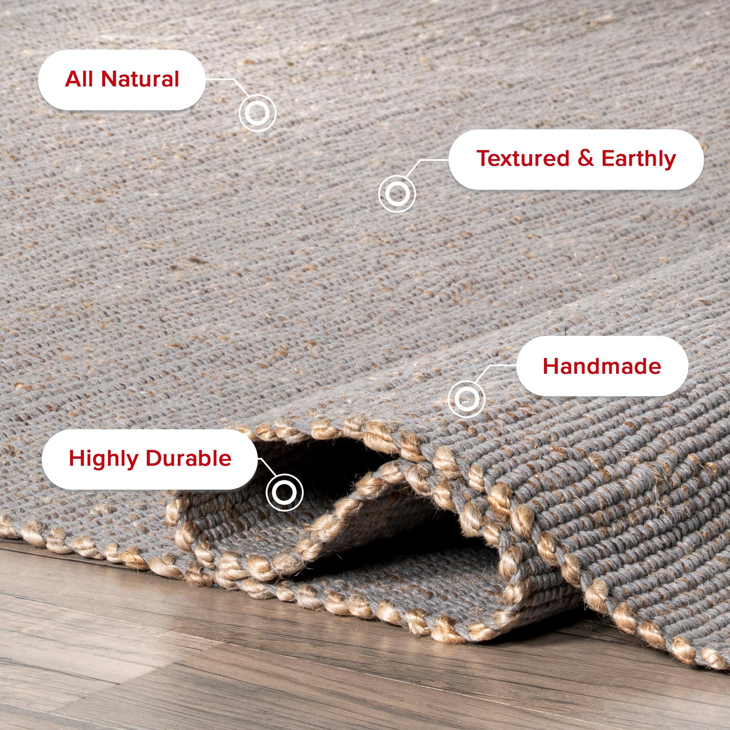 nuLOOM 3x5 Elfriede Jute & Cotton Hand Woven Area Rug, Grey, Solid Rustic Farmhouse Style, Weaved Design, Natural Fiber, For Bedroom, Living Room, Dining Room, Hallway, Office, Entryway
