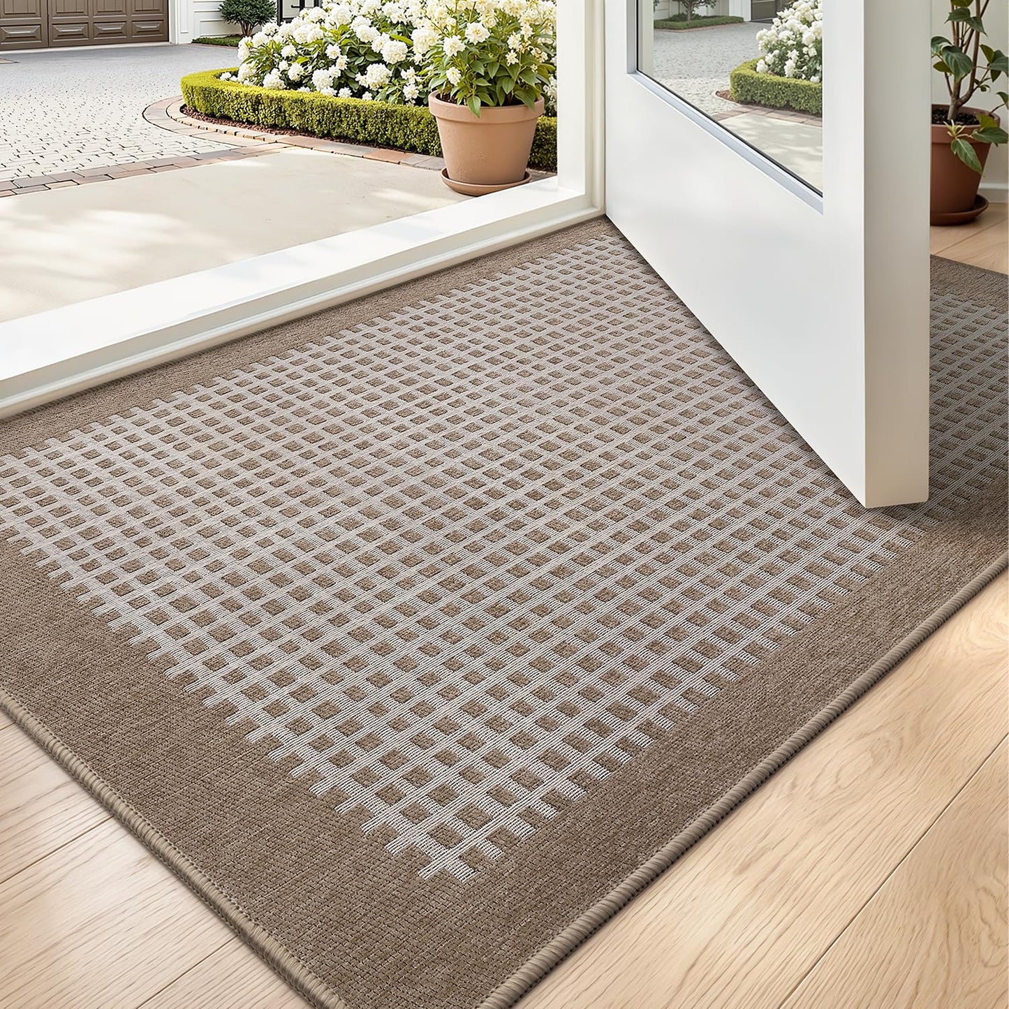 LUMI Inside Door Mat for Entry 24''x36'', Absorbent, Dirt Trapper, Low Profile Thin, Non Slip Mats with Rubber Backing, Ideal for Indoor, High Traffic, Garage, Entrance, Checkered Beige