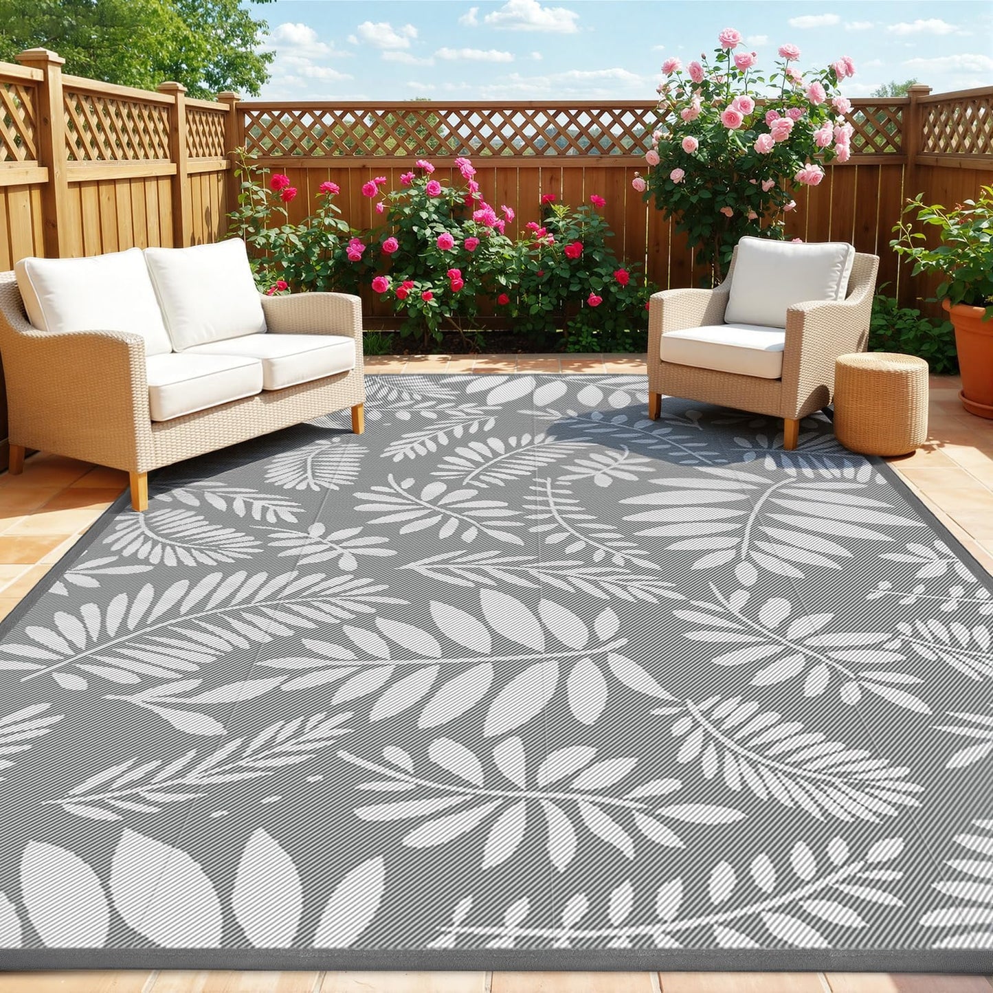 TitanCoziest Outdoor Rug for Patio - 5' x 8', Waterproof, Reversible Outdoor Plastic Straw Rugs with Reinforced Edges, Camping Mat Carpet for RV, Deck, Backyard, Balcony, Picnic, Beach (Leaf Gray)