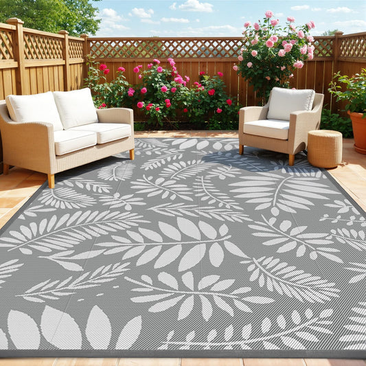 TitanCoziest Outdoor Rug for Patio - 5' x 8', Waterproof, Reversible Outdoor Plastic Straw Rugs with Reinforced Edges, Camping Mat Carpet for RV, Deck, Backyard, Balcony, Picnic, Beach (Leaf Gray)