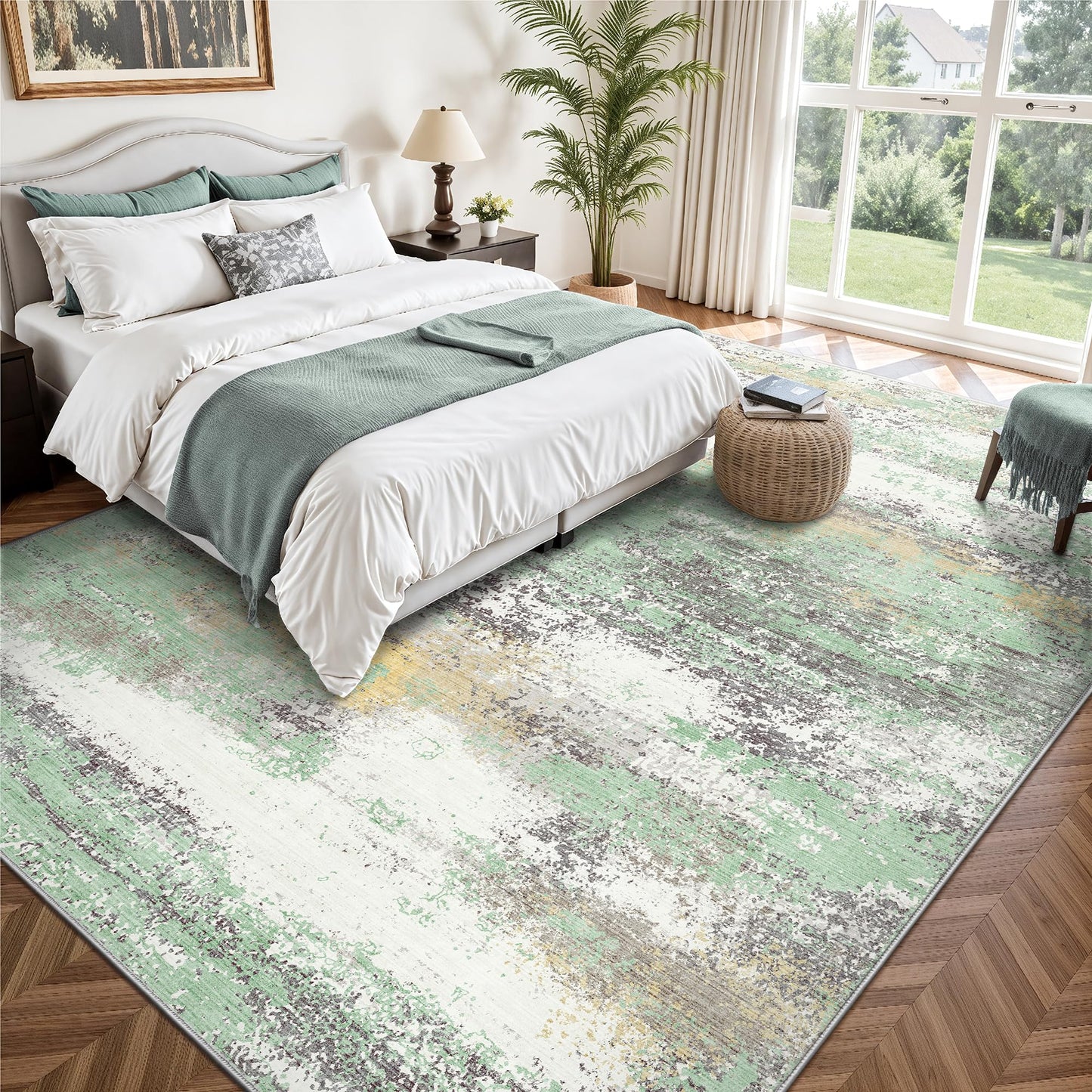 Yarooge 8x10 Area Rugs, Abstract Modern Ultra Soft Washable Rug, Non Slip Carpet with Rubber Back, Large Rugs for Living Room, Bedroom, Dining Room Decor(Light Green/Cream)