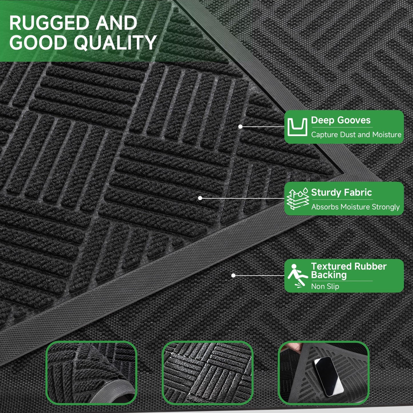 100pointONE Front Door Mat, Heavy Duty Indoor Outdoor Doormat, 48" x 36" Low Profile Outdoor Mats for Home Entrance, Stain and Fade Resistant Welcome Mat Ideal for High Traffic Area, Diamond Black