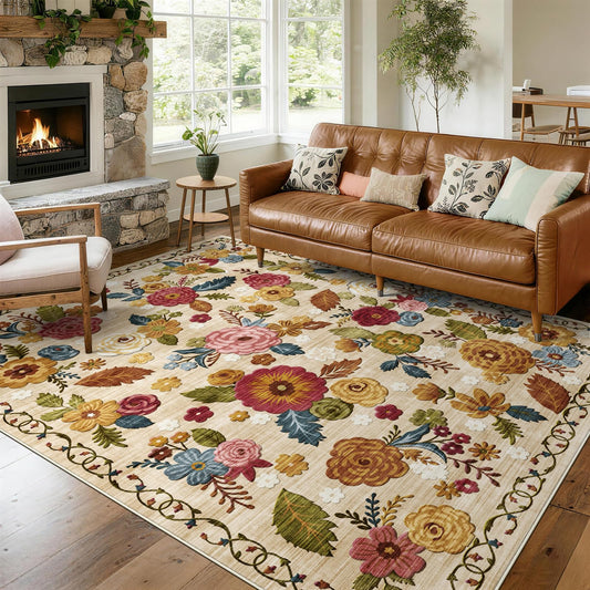 8x10 Machine Washable Area Rug for Living Room, Beige Vintage Boho Floral Rug Large Non-Slip Low Pile Soft Faux Wool Carpet, Kids and Pets Friendly for Bedroom Dining Room Farmhouse Home Decor Rug