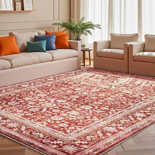 OPPODREAM Vintage Red Area Rugs 9x12, 9 x 12 Retro Washable Rug Non Slip, Low-Pile Faux Wool Carpet, Distressed Floor Mat for Living Room, Bedroom, Office, Dorm, Dinning Room, Big & Large
