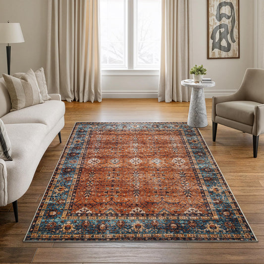 Bloom Rugs Washable Non-Slip 5' x 7' Rug - Orange/Teal Blue Traditional Bordered Area Rug for Living Room, Bedroom, Dining Room, and Kitchen - Exact Size: 5' x 7'