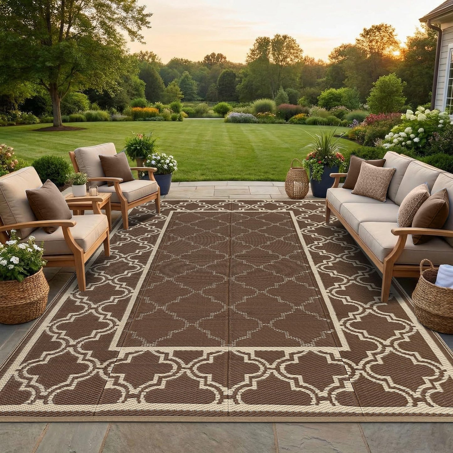 Garvee Reversible Outdoor Rug 5x8, Waterproof Outdoor Plastic Straw Rug with Interlacing Pattern, RV Mat for Picnics, Patio, Camping, Balcony, Deck, Backyard, Porch, Brown