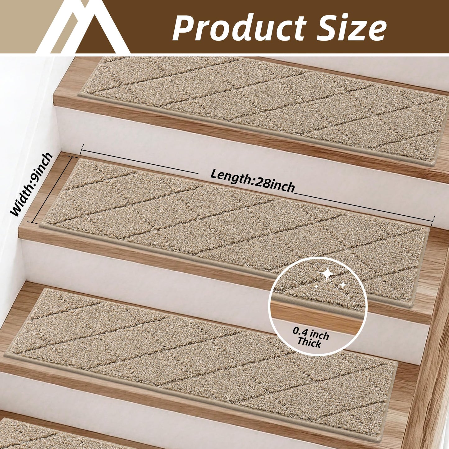 COSY HOMEER Edging Stair Treads Non-Slip Carpet Mat 28inX9in Indoor Stair Runners for Wooden Steps, Edging Stair Rugs for Kids and Dogs, 100% Polyester TPE Backing(4pc, Beige)