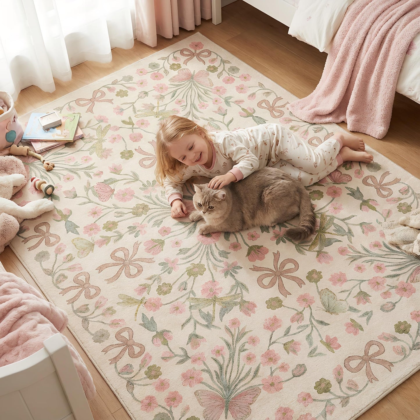 BreezeRise 5x7 Area Rug for Living Room，Boho Beige Butterfly Bow Rug Pink and Green Florals，Non-Slip Washable Foldable Bedroom，Dining Room