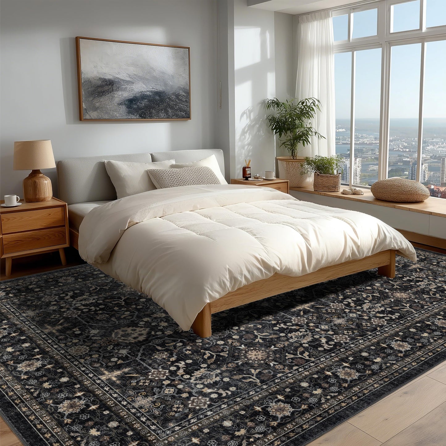 Ruaruarug Washable Area Rug 10x14 for Living Room, Bedroom, Ultra Soft Non Slip Stain & Fade Resistant, Pet & Kids Friendly, Suitable for High Traffic Areas Easy to Clean for Kitchen, Black Grey