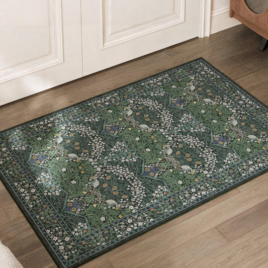 ARKIIKI 2x3 Washable Dark Green Floral Area Rug for Living Room, Non-Slip Soft Floral Print Vintage Boho Carpet, Forest Green Low Pile Rugs for Bedroom, Dining Room, Indoor Decor
