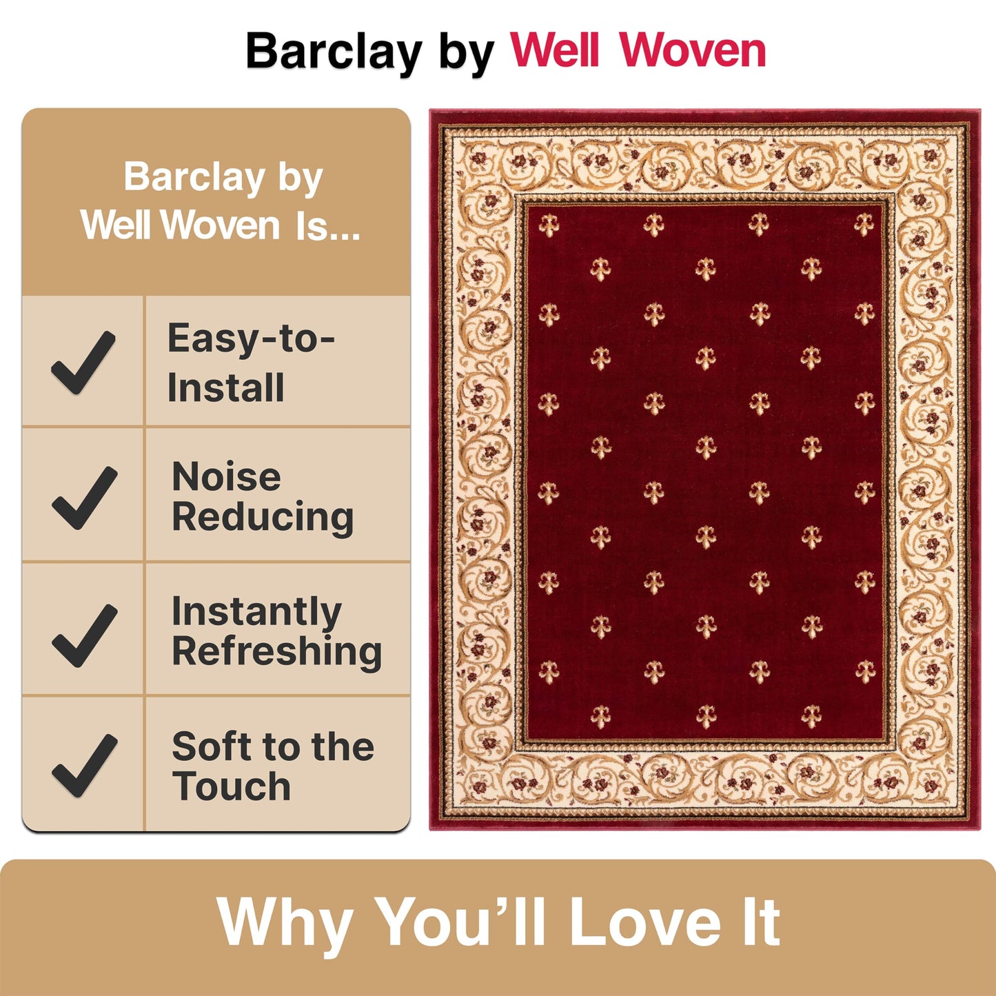 Well Woven Fleur de Lis Elegance Traditional Red 8x10 (7'10" x 9'10") Area Rug – 100% Jute Backing, Durable Living Room, Bedroom & Dining Room Area Rug