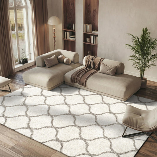 SAFAVIEH Hudson Shag Collection Area Rug - 6' x 9', Ivory & Grey, Moroccan Ogee Trellis Design, Non-Shedding & Easy Care, 2-inch Thick Ideal for High Traffic Areas in Living Room, Bedroom (SGH280A)