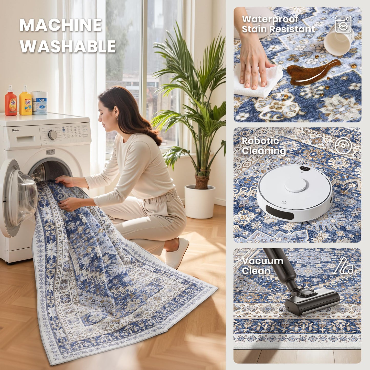 zesthome 9x12 Area Rugs,Stain Resistant Washable Rug,Ultra-Thin Rugs for Living Room,Bedroom,Non-Slip Backing Home Decor Large Area Rug (Blue/Beige,9'x12')