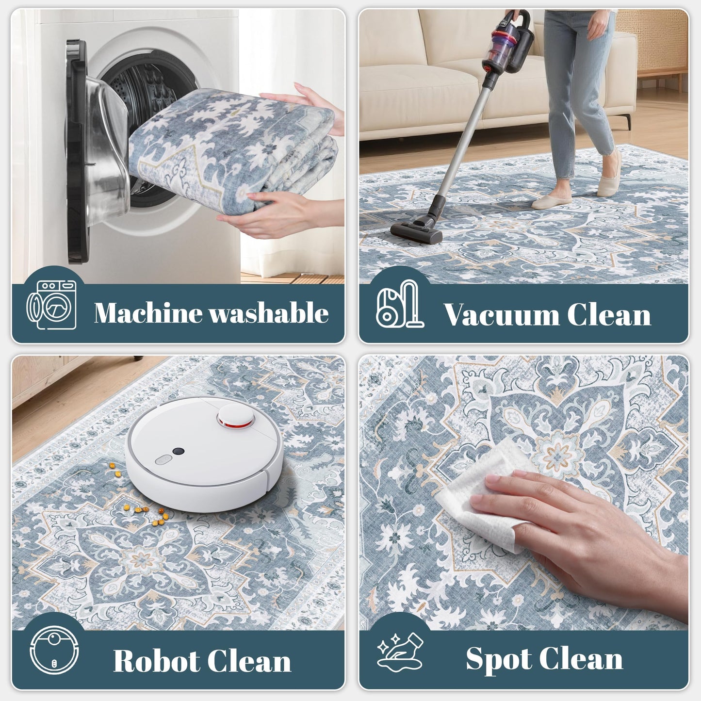 TTelephant 6x9 Area Rugs for Living Room, Soft Non-Slip Vintage Medallion Rug, Low-Pile Printed Washable Blue Gray Rug for Living Room, Bedroom, Dining Room, Nursery -Blue/Gray