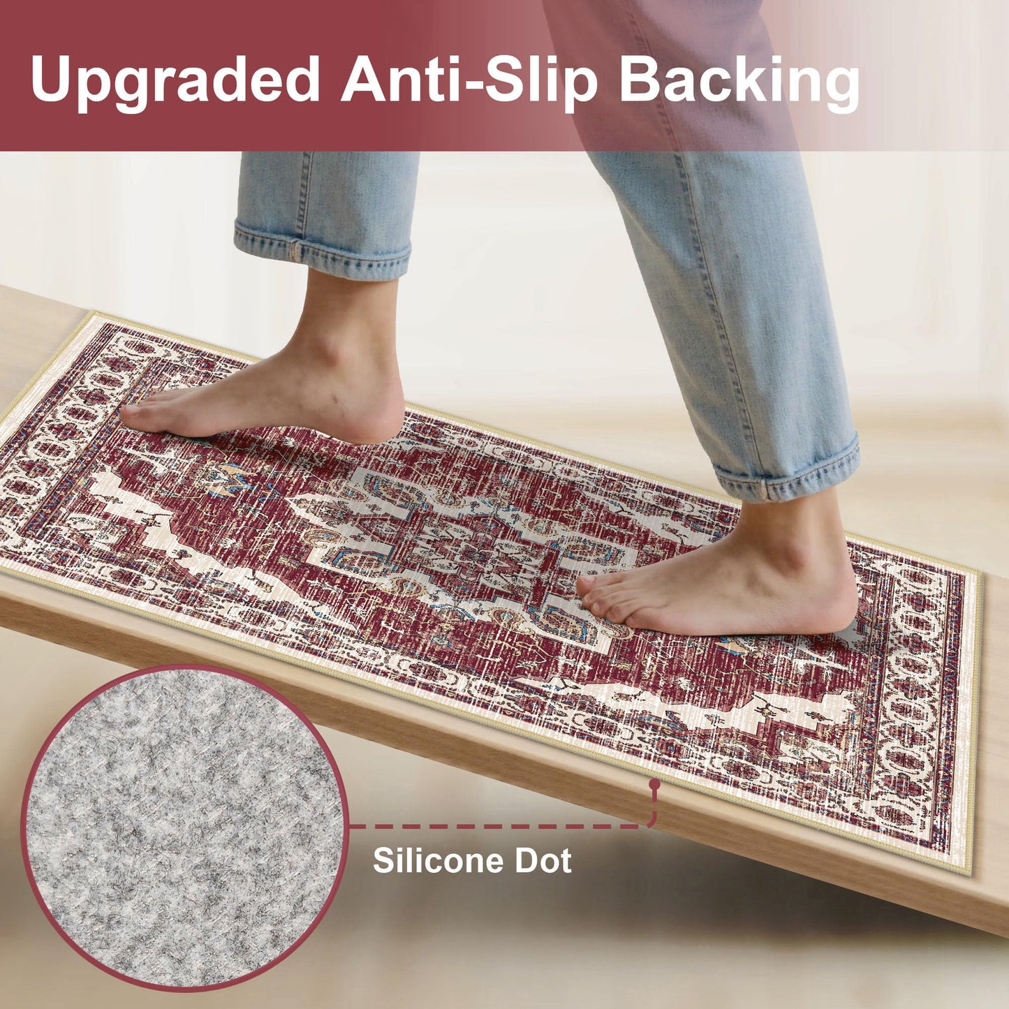 Tritard Non Slip Kitchen Rugs Sets of 3 Washable Kitchen Rug Boho Kitchen Mats for Floor Soft Kitchen Runner Rug Non Skid Kitchen Floor Carpet for Entryway Hallway Laundry Room, Brick Red