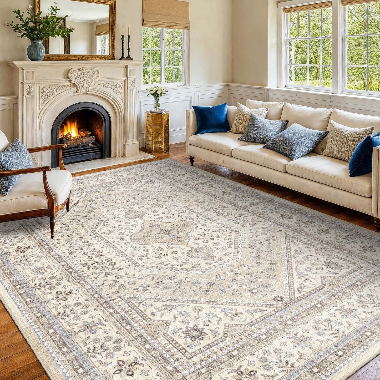 Washable 7x9 Area Rugs for Living Room: Soft Bedroom Rug Non Slip Rugs with Rubber Backing Ultra Thin Low Pile Carpet for Dinging Room Home Office Decor Beige/Gray
