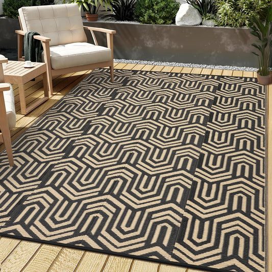 GarveeHome 9'x12' Outdoor Rug Waterproof – Large Patio Mat for Under Dining Table or Sectional Sofa – Low Pile Reversible Plastic Mat, Stain Resistant & Hose Clean, All-Weather UV Coated, Coffee