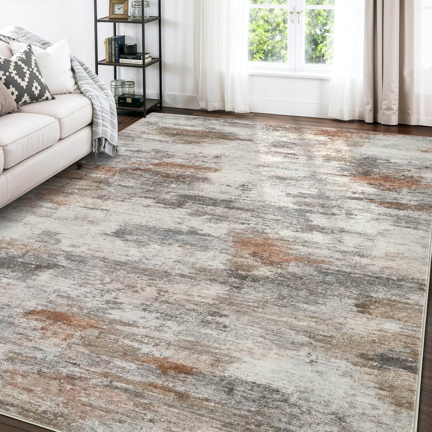 Boraya Area Rugs for Living Room: 8x10 Washable Neutral Modern Rug for Bedroom Large Soft Abstract Dining Room Rugs Indoor Floor Low Pile Carpet for Home Office Nursery - Rust Grey