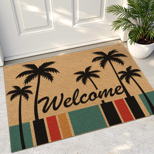 DEXI Front Door Mat Outside Entrance, 2x3 Heavy Duty Welcome Entry Summer Tropical Plant Doormat, Non Slip Entryway Floor Dirt Trapper for Porch Patio, Coconut Tree