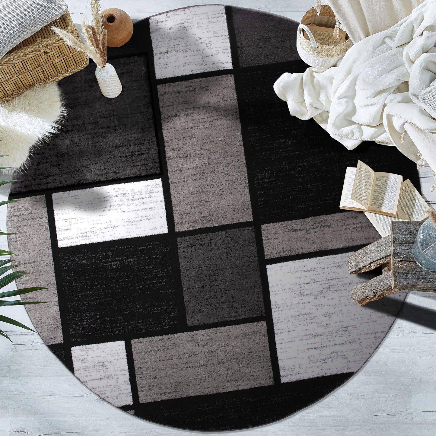 Rugshop Contemporary Modern Boxes for Home Office,Living Room,Bedroom,Kitchen Non Shedding Area Rug 6' 6" Gray (6' 6" Diameter)