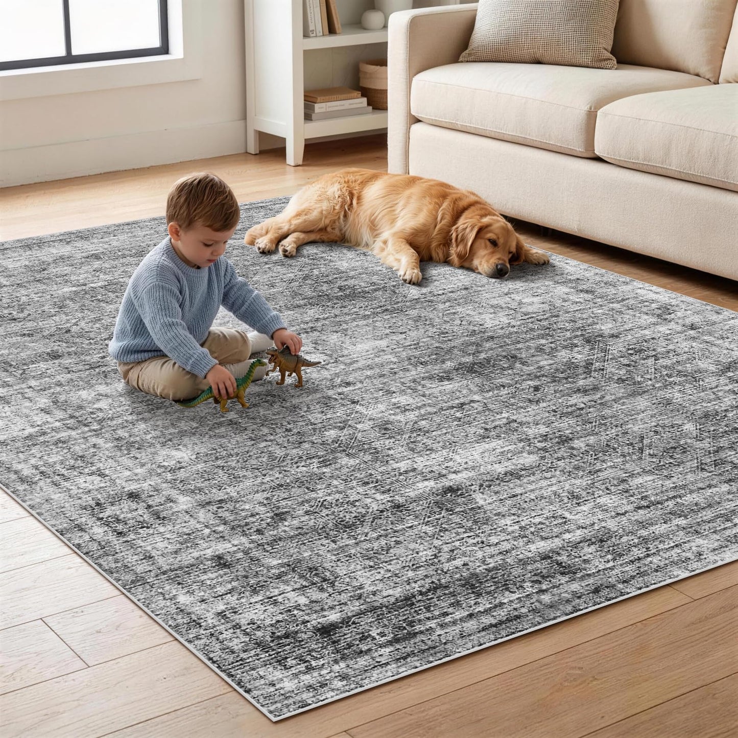 Area Rug 8x10 Washable Rug, Large Soft Rugs for Living Room Vintage Distressed Cashmere Non-Slip Stain Resistant Carpet for Bedroom Dining Room Home Office Gray
