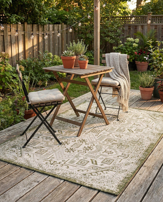 Rugs.com - Outdoor Aztec Rug – 4' 1 x 6' 1 Green Indoor/Outdoor Rug – Weather Resistant Flatweave for Patio, Deck, and Porch