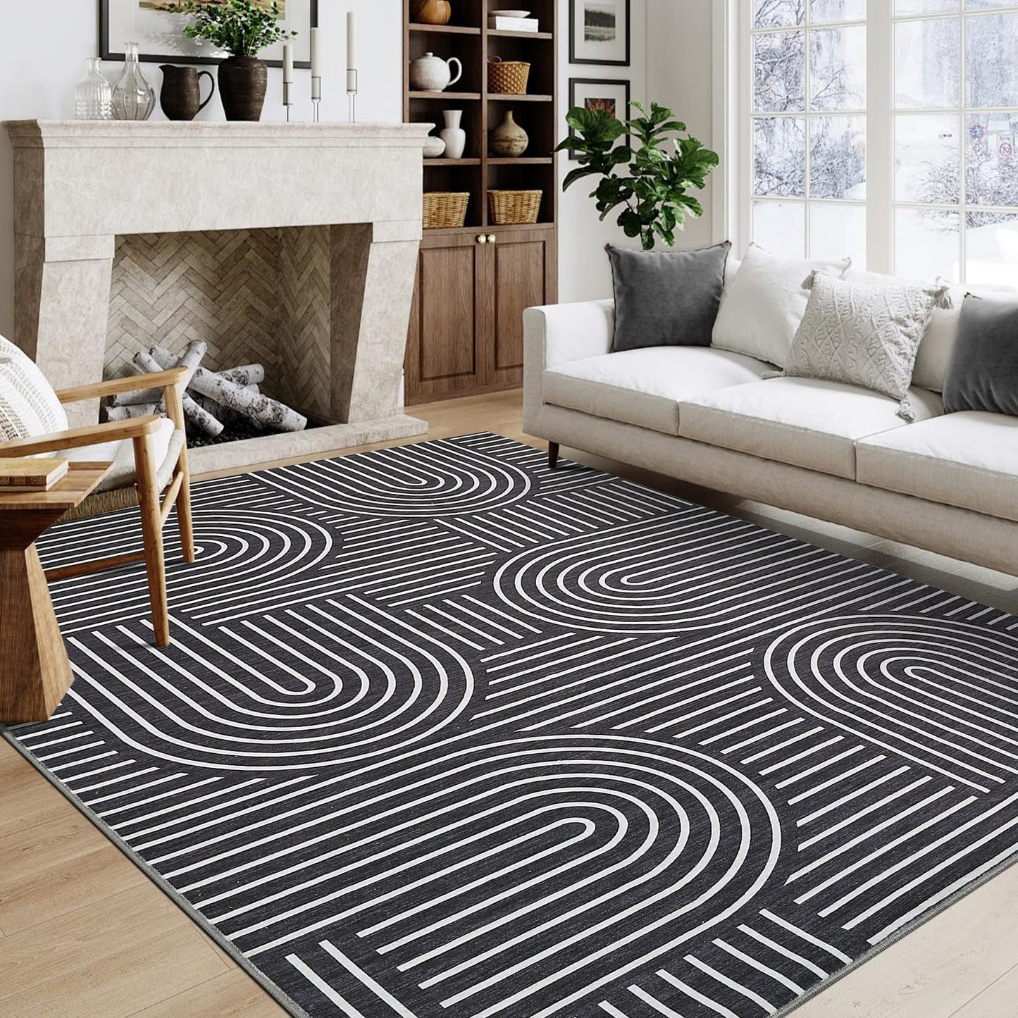 ROYHOME Washable Rug 8x10 Area Rugs for Living Room, Abstract Rug for Bedroom, Soft Rainbow Non Slip Throw Rugs with Rubber Back, Low Pile Stain Resistant Boho Geometric Carpet for Dining Room, Black