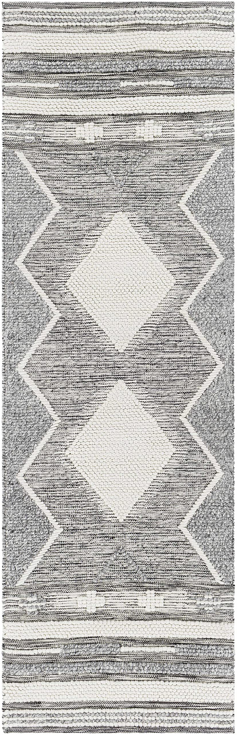 Hauteloom McDonald Recycled Material Area Rug - Geometric Diamond Border Striped Medallion - Bohemian Transitional Tribal Southwestern Navajo - Light Slate, Medium Gray, Black, Gray, Cream - 2' x 3'