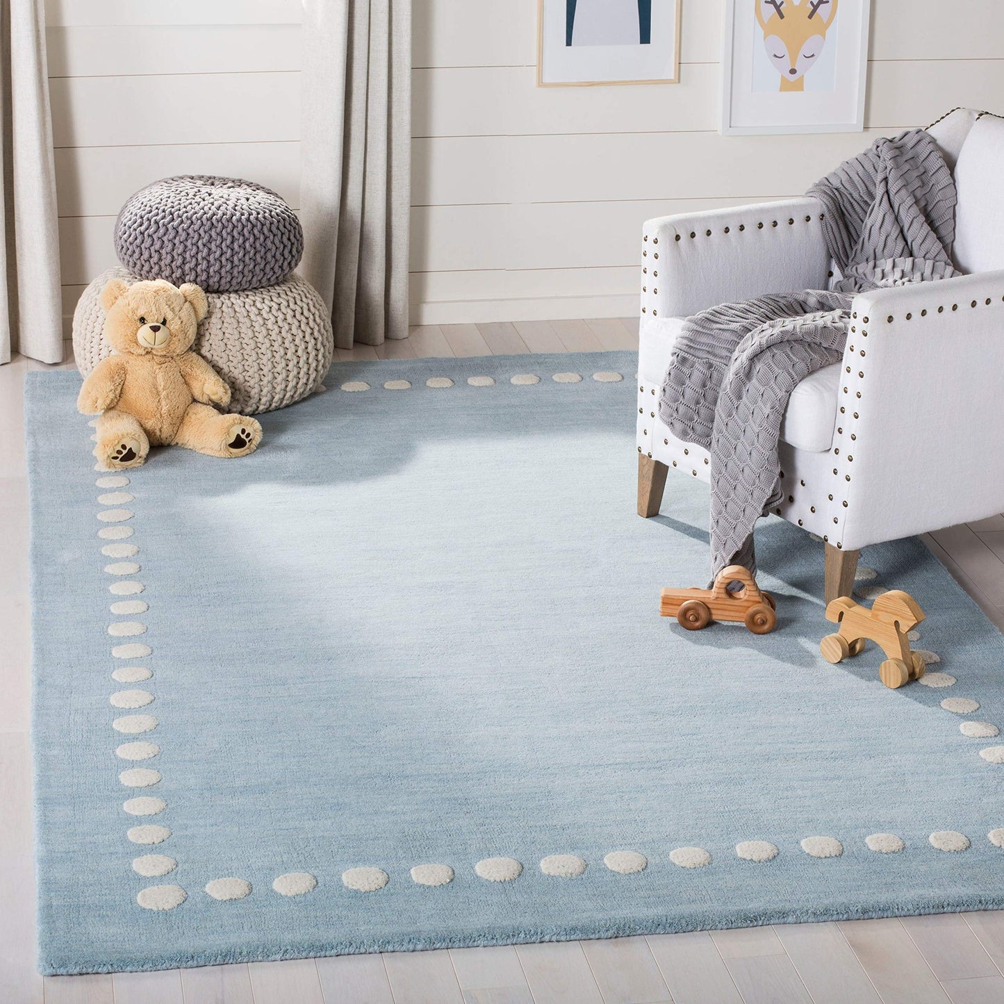 SAFAVIEH Kids Collection Accent Rug - 3' x 5', Blue & Ivory, Handmade Polka Dot Border Wool, Ideal for High Traffic Areas in Entryway, Living Room, Bedroom (SFK802M)