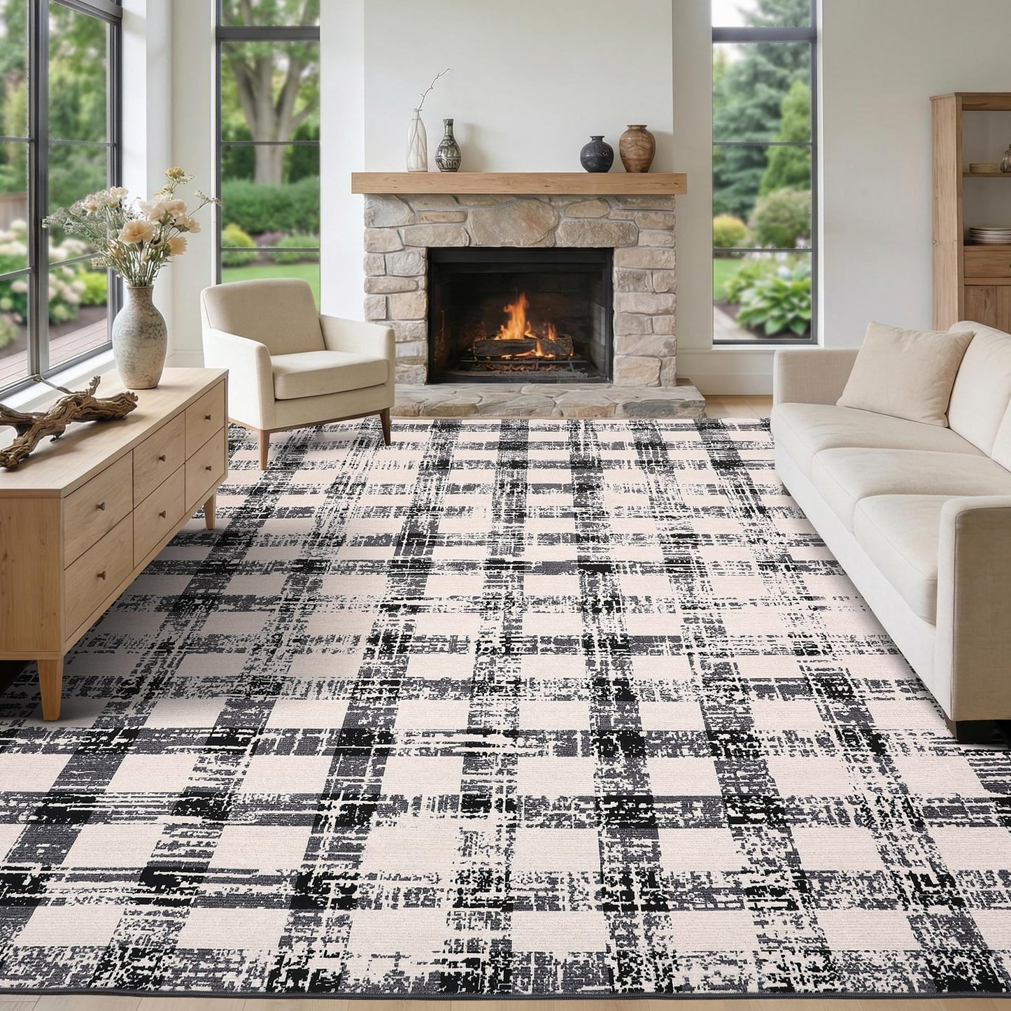 Garvee 9x12 Checkered Area Rug, Washable Modern Geometric Rug, Non Slip Low Pile Soft Carpet for Bedroom, Living Room, Dining Room, Black